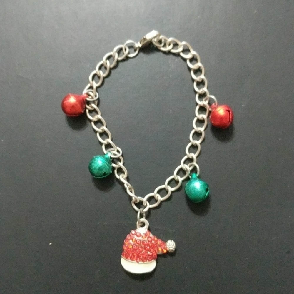 Jingle Bell Santa Hat Silver Tone Christmas Holiday Statement Bracelet